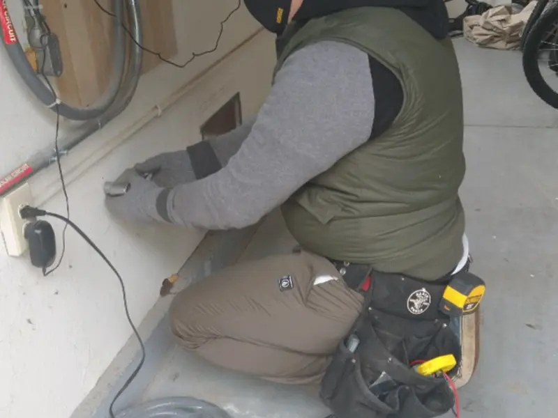 Electrician performing outlet wiring in a Beach Park garage